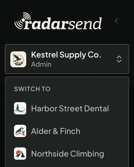 The RadarSend sidebar with the workspace switcher open: Kestrel Supply Co., the current workspace, in the selector, and the client workspaces to switch to below it: Harbor Street Dental, Alder & Finch, and Northside Climbing.