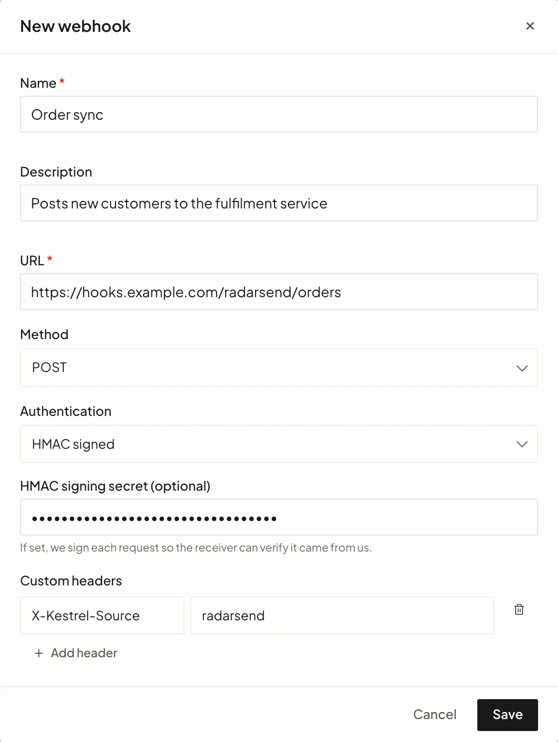 The New webhook form filled in: name, description, an https URL, POST, HMAC signed authentication, a signing secret, and one custom header.