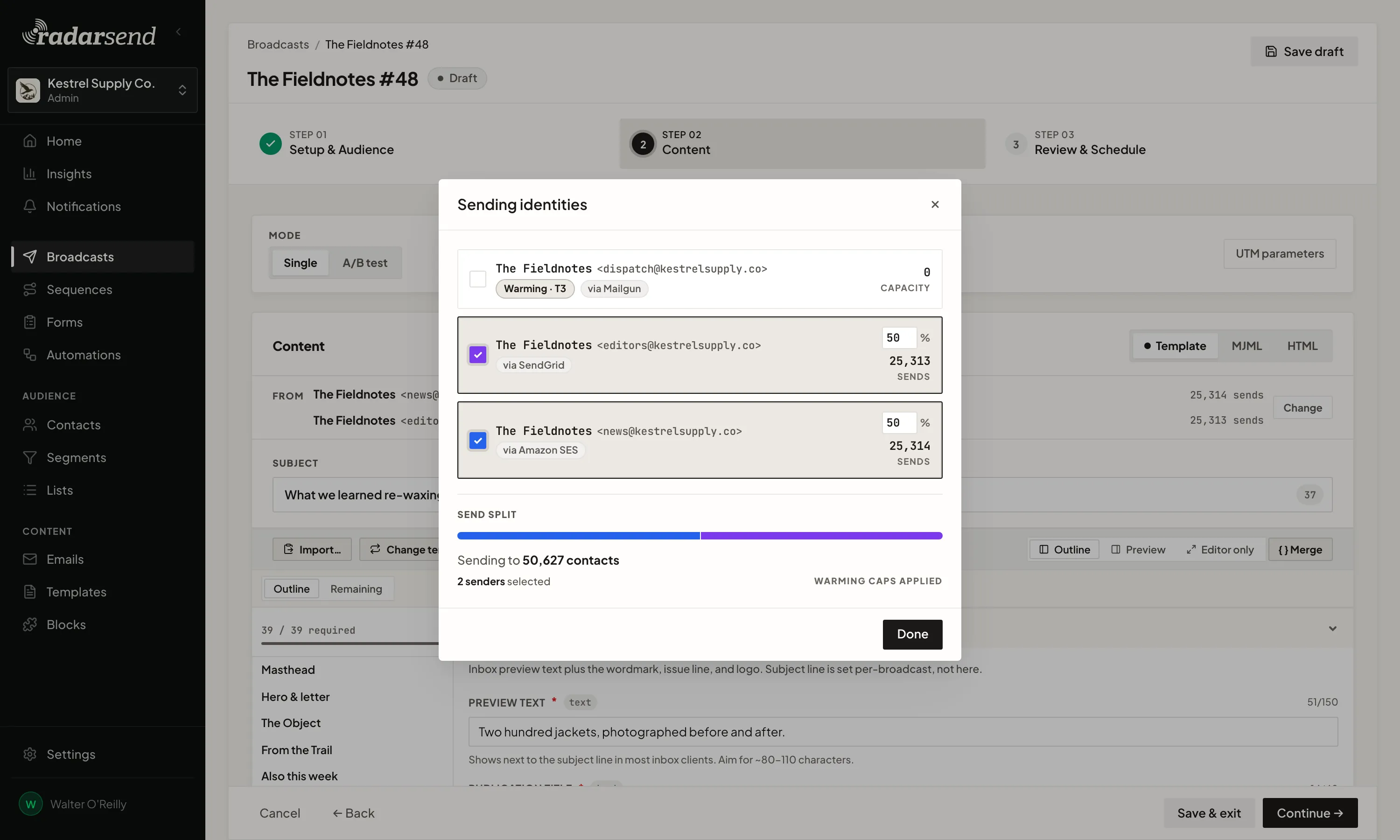Sender addresses for a broadcast: one goes out through Amazon SES and another through SendGrid, with the send split evenly between them, while an address on a warming domain waits its turn.