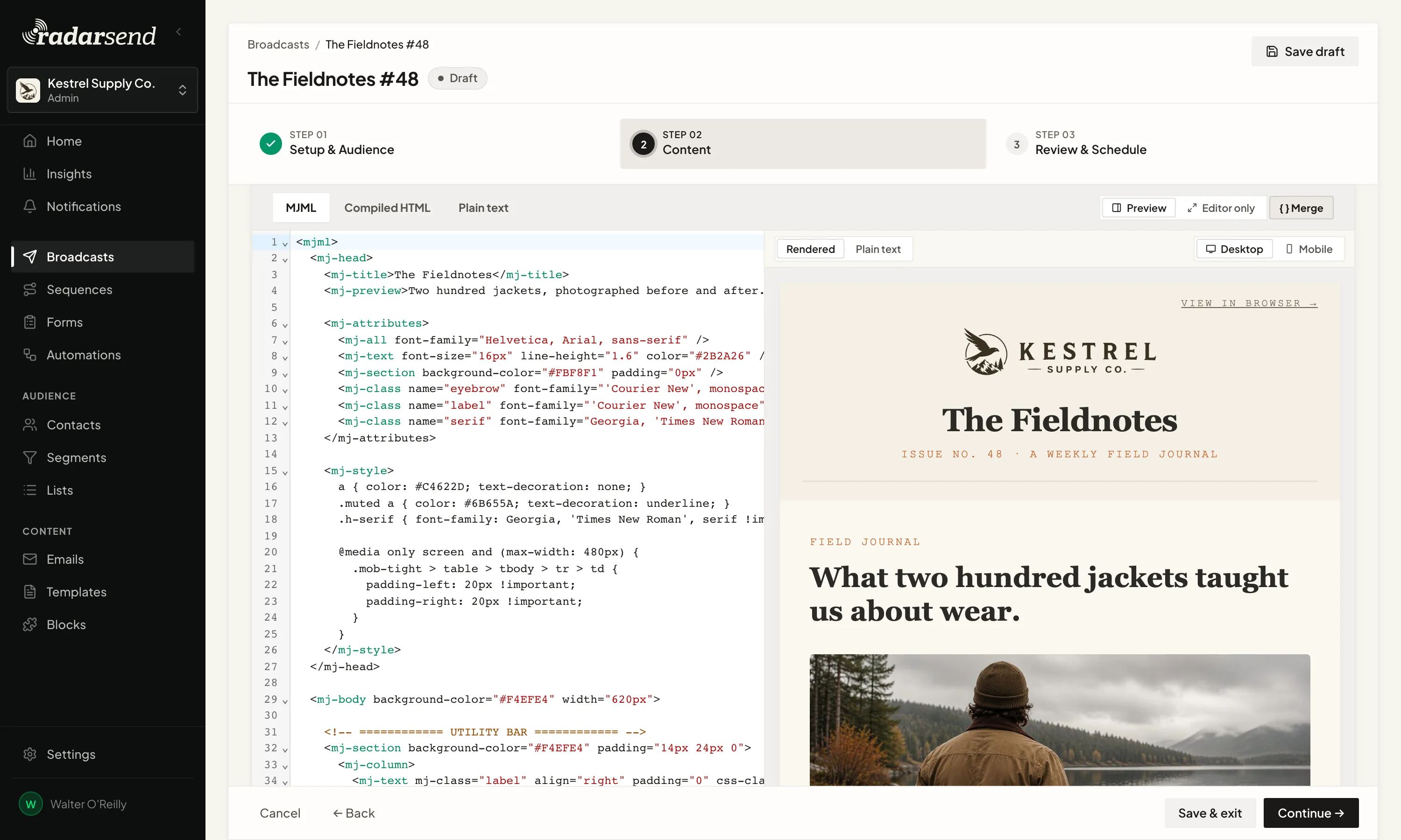 The MJML workspace: MJML source with line numbers and syntax highlighting on the left, the rendered email on the right.
