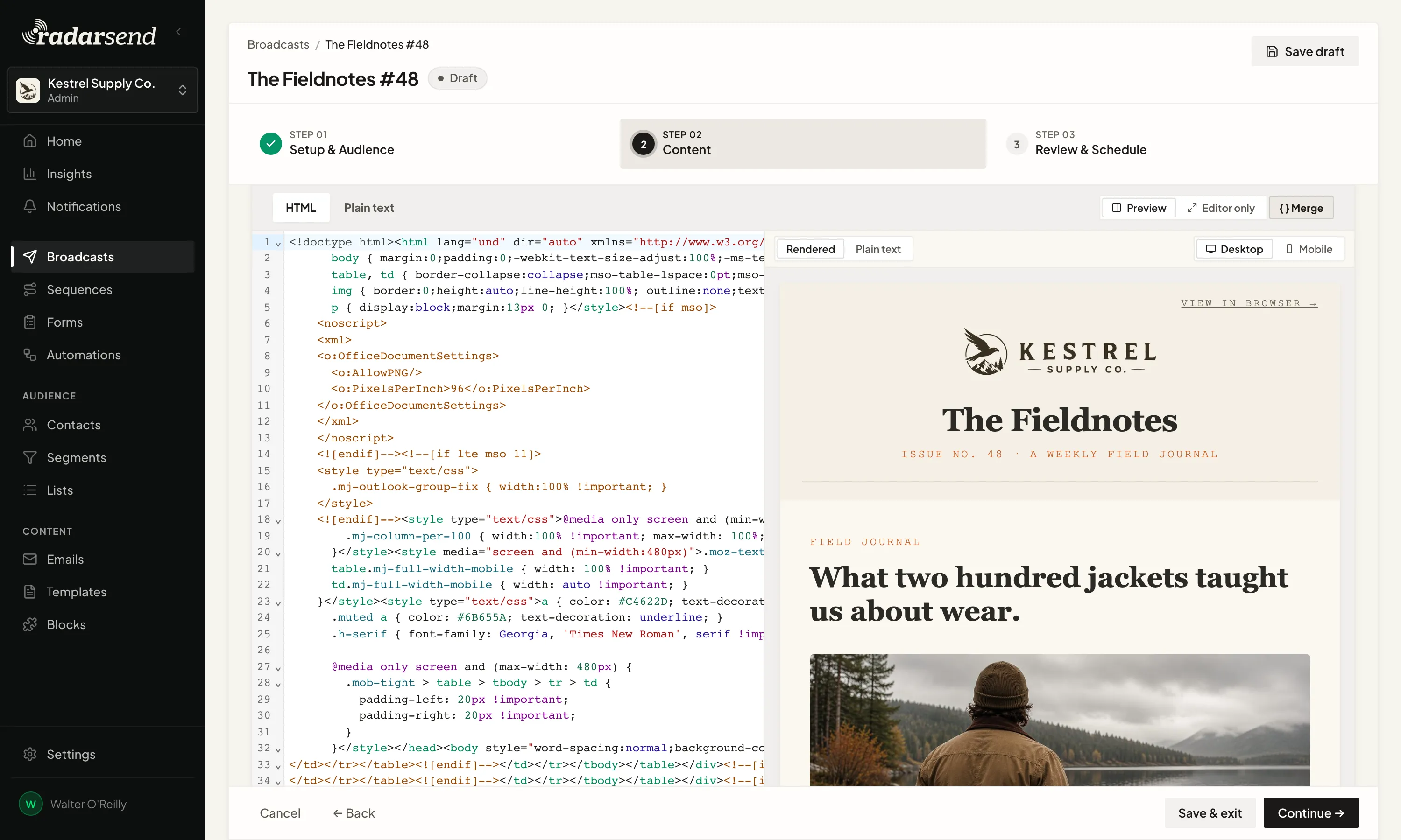 The HTML workspace: the compiled HTML source on the left, the same rendered email on the right.