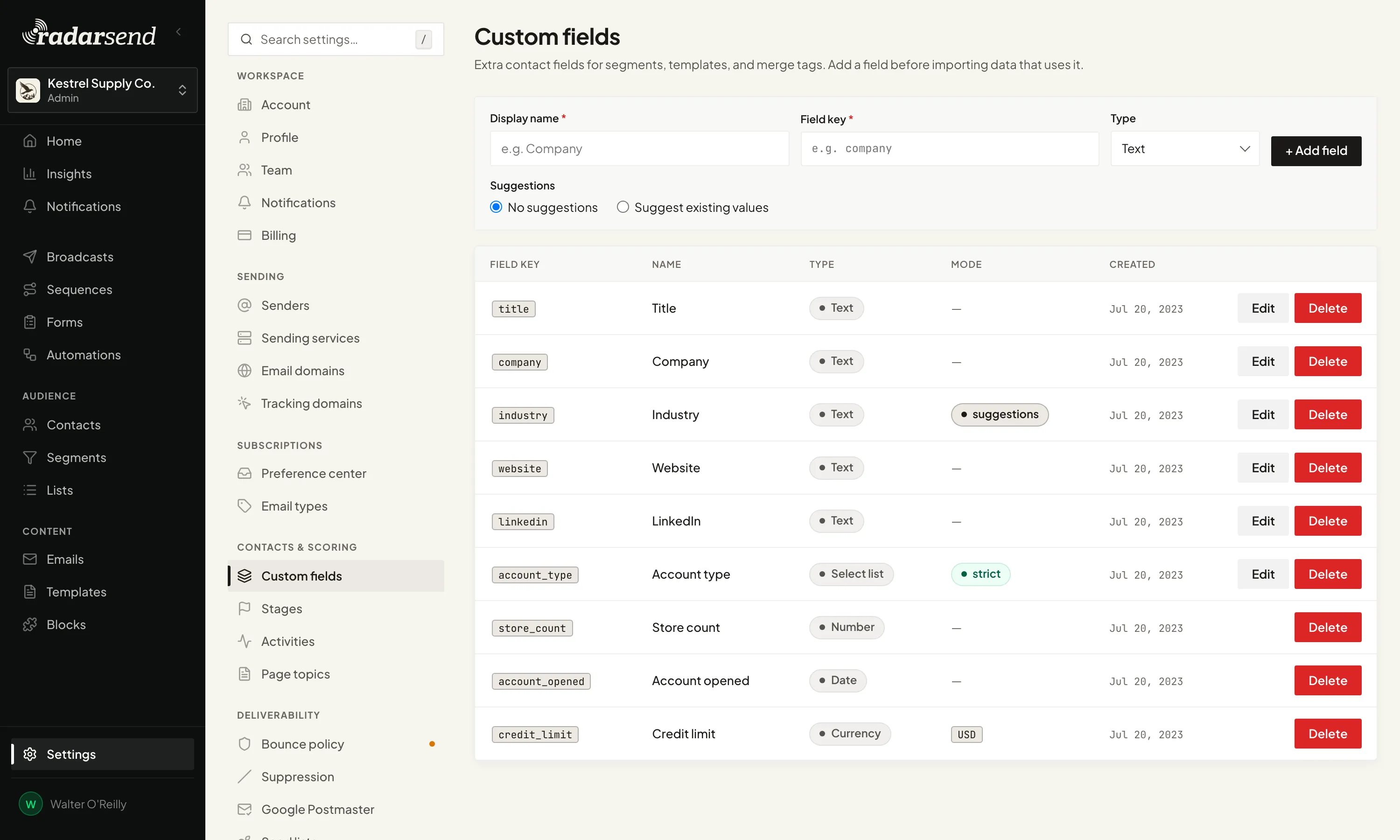 Settings → Custom fields: the add form above a table of fields, including Text, Select list, Number, Date and Currency types, with suggestions, strict and USD in the Mode column.