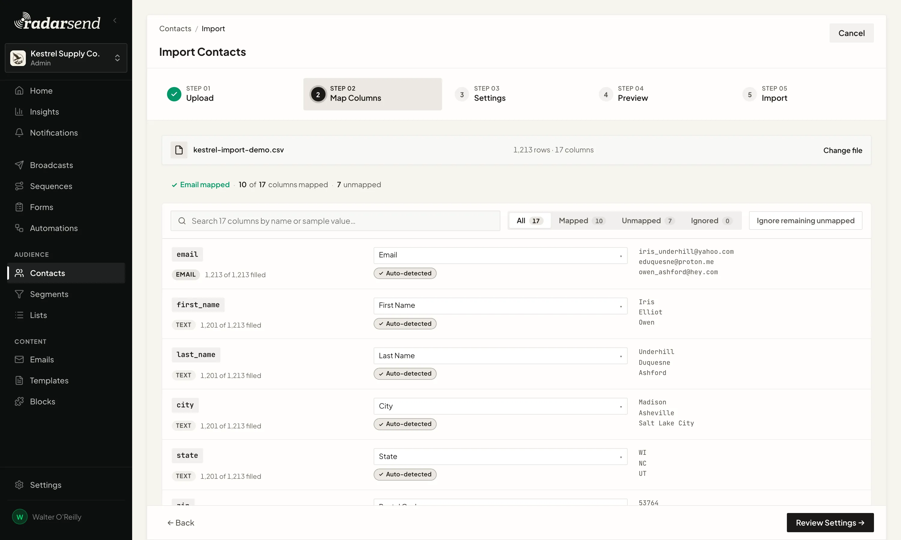 Step 2 of a contact import, Map Columns: each CSV column with its suggested field, how many rows are filled, and sample values, above counts of mapped and unmapped columns.