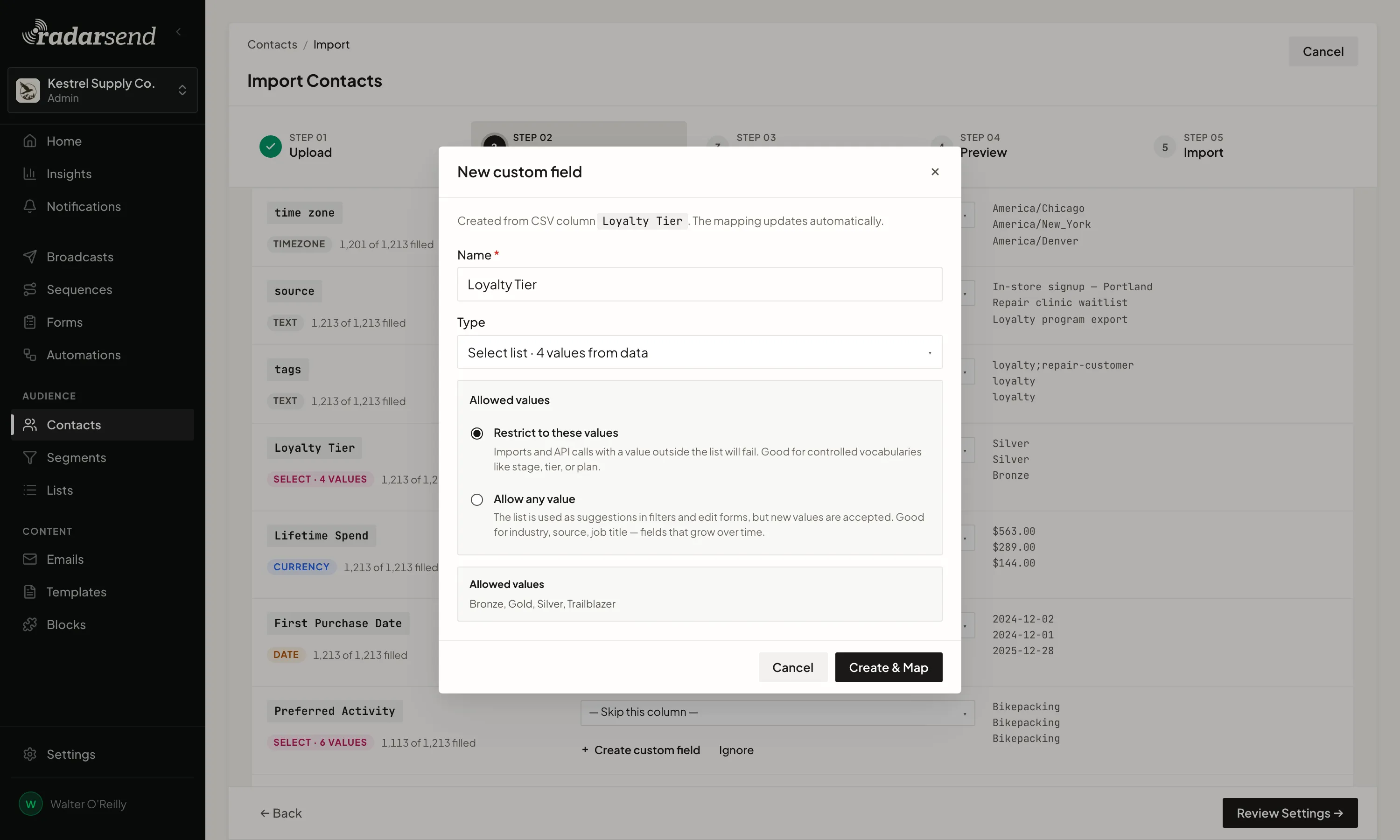 Step 2 of a contact import, matching CSV columns to fields, with a New custom field dialog creating Loyalty Tier as a list of four allowed values taken from the data.