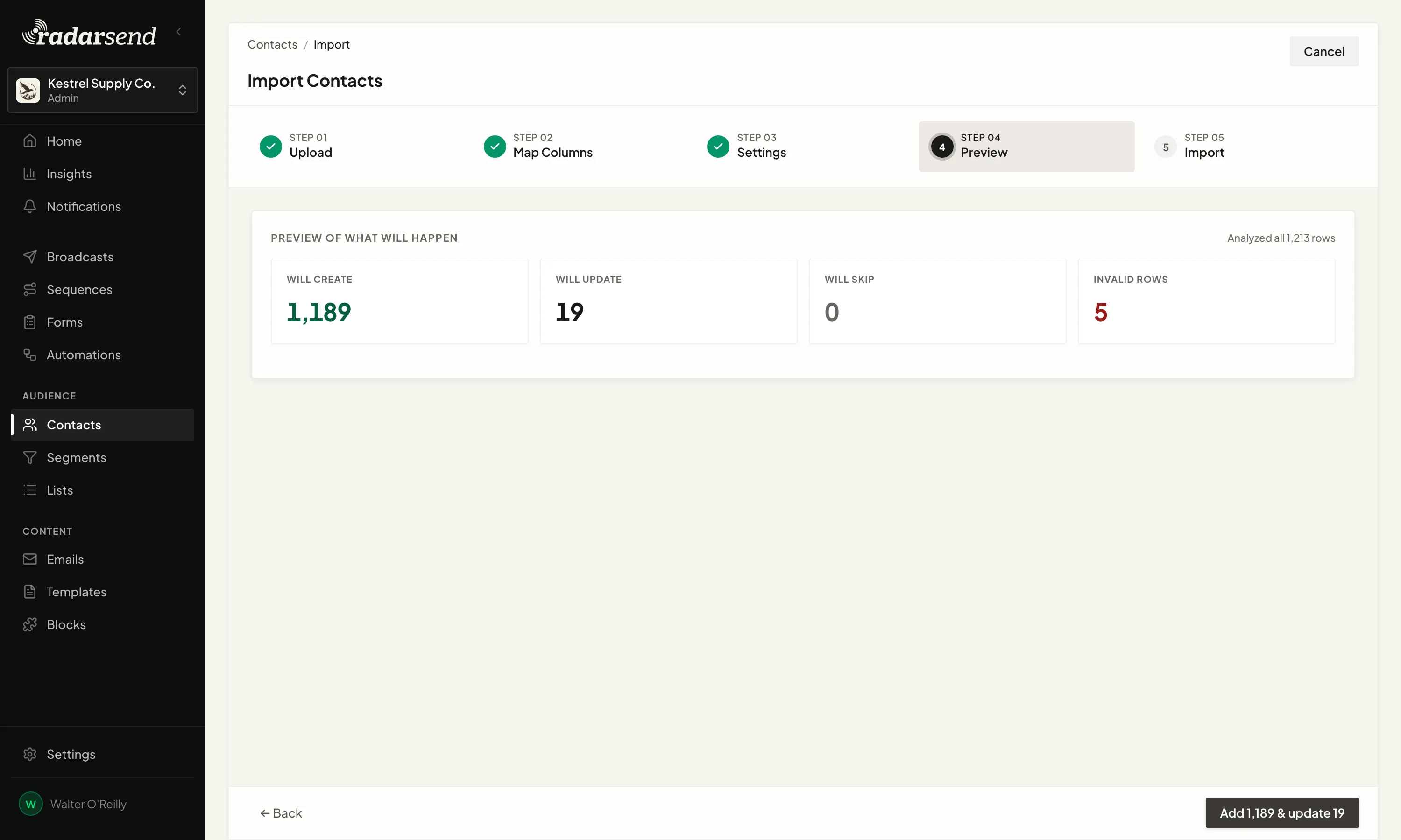 Importing contacts, on step 4 of 5 (Upload, Map Columns, Settings, Preview, Import): a preview showing 1,189 contacts to create, 19 to update, none to skip, and 5 invalid rows.