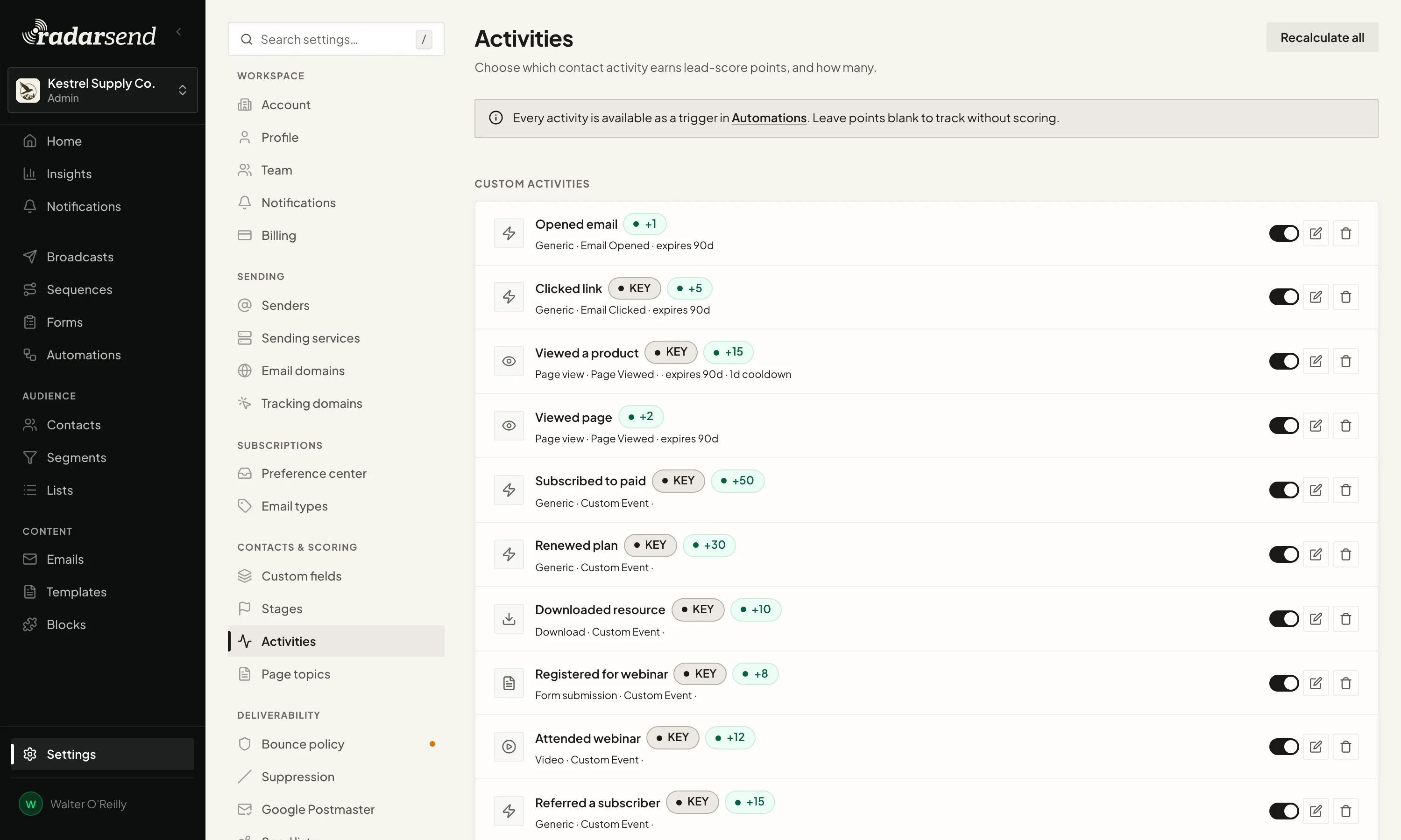 The Activities settings: each tracked activity, such as opening an email, clicking a link, viewing a product, renewing a plan or registering for a webinar, with the points it adds, whether it's a key activity, and when its points expire.