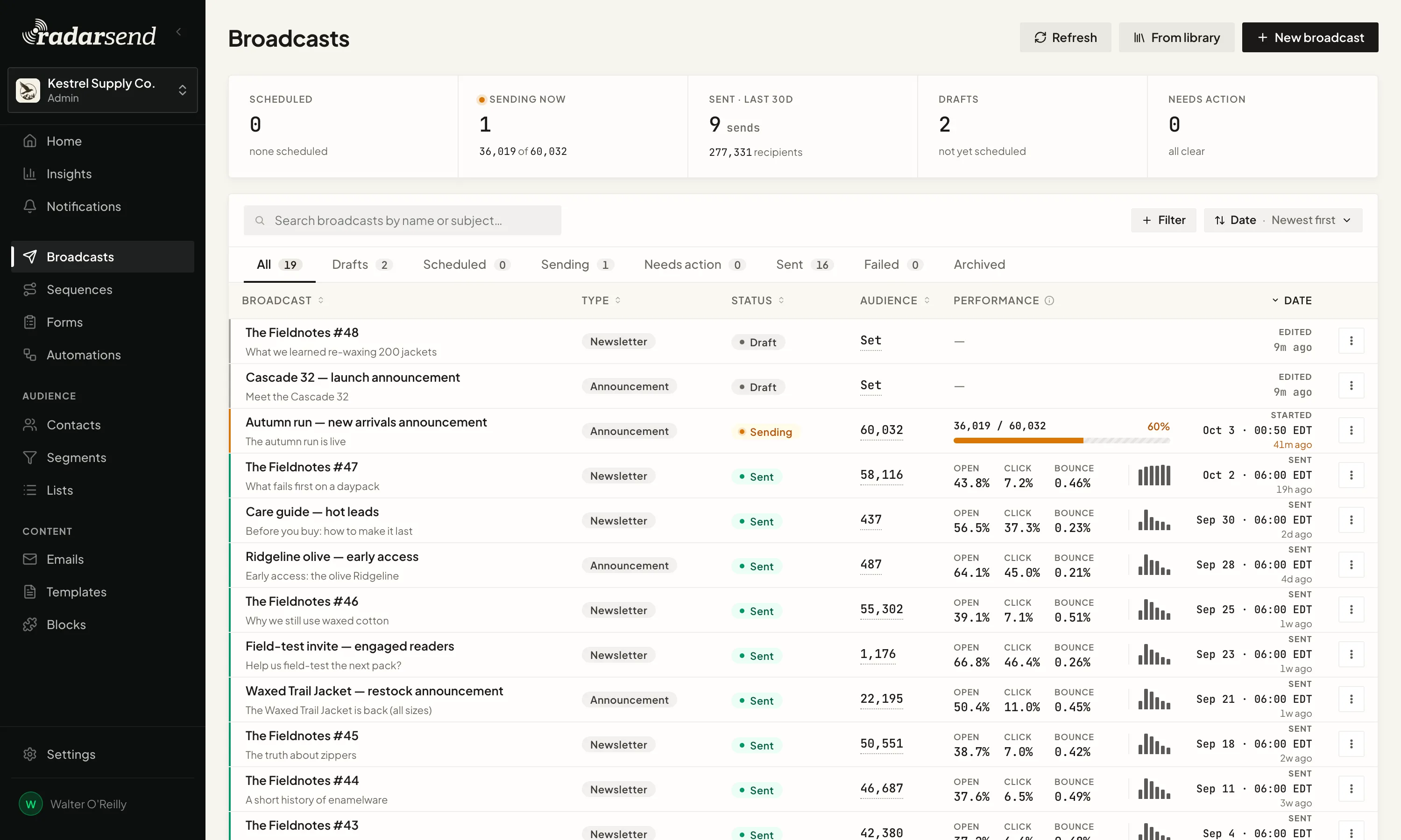 The Broadcasts list: one announcement sending now with its progress against the audience size, two drafts, and a run of sent broadcasts each showing audience size with open, click and bounce rates on the same row.