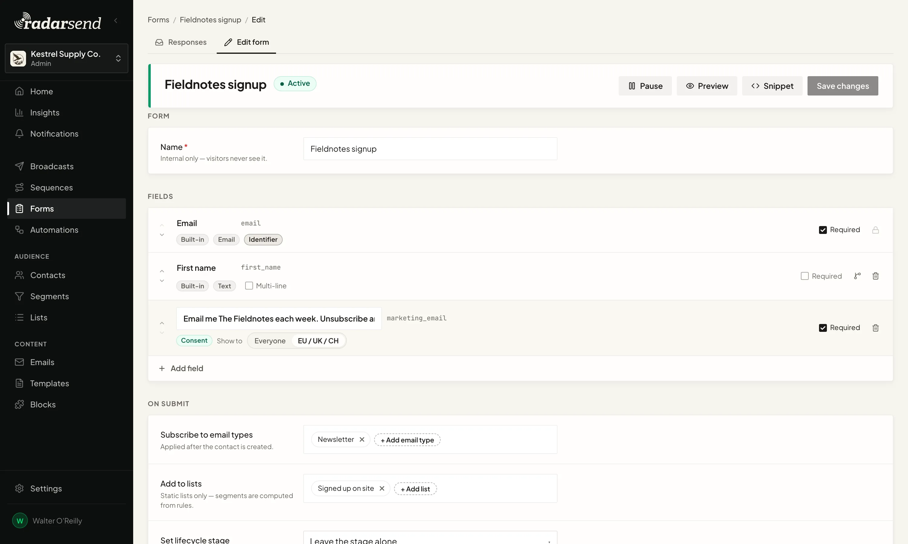 A signup form being set up on one page: its fields, a consent checkbox, and what happens when someone submits it, including the emails they're subscribed to and the list they join.