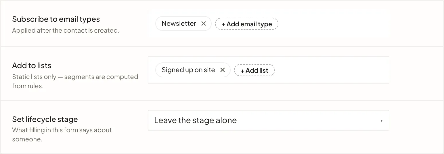 A form's On submit settings: subscribe the contact to the Newsletter email type and add them to the Signed up on site list.