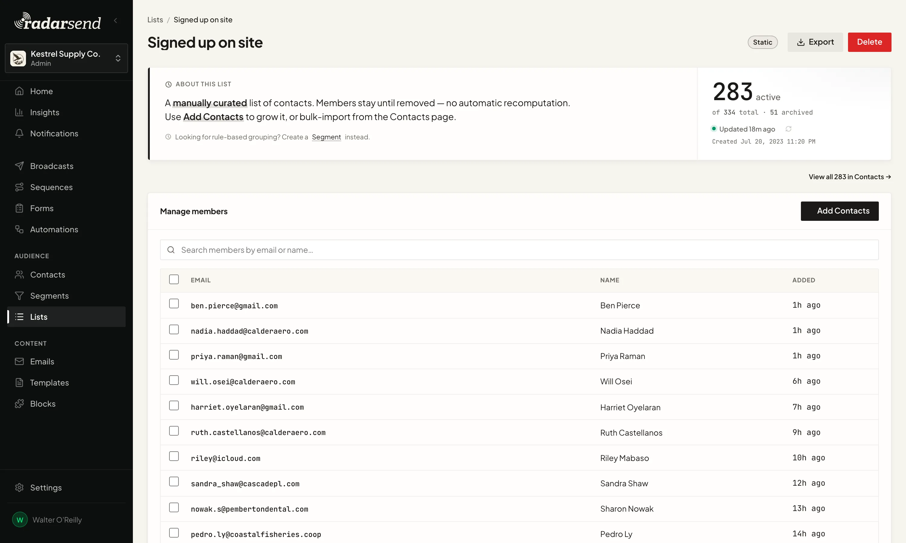 A static list's page: the Static badge, the About this list card with its active count, and the Manage members table with each member's Added date.