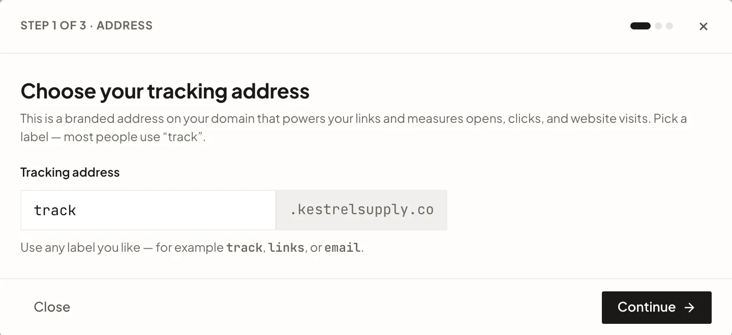 Step 1 of 3 of the tracking setup: choosing a tracking address, with track entered as the label on kestrelsupply.co.