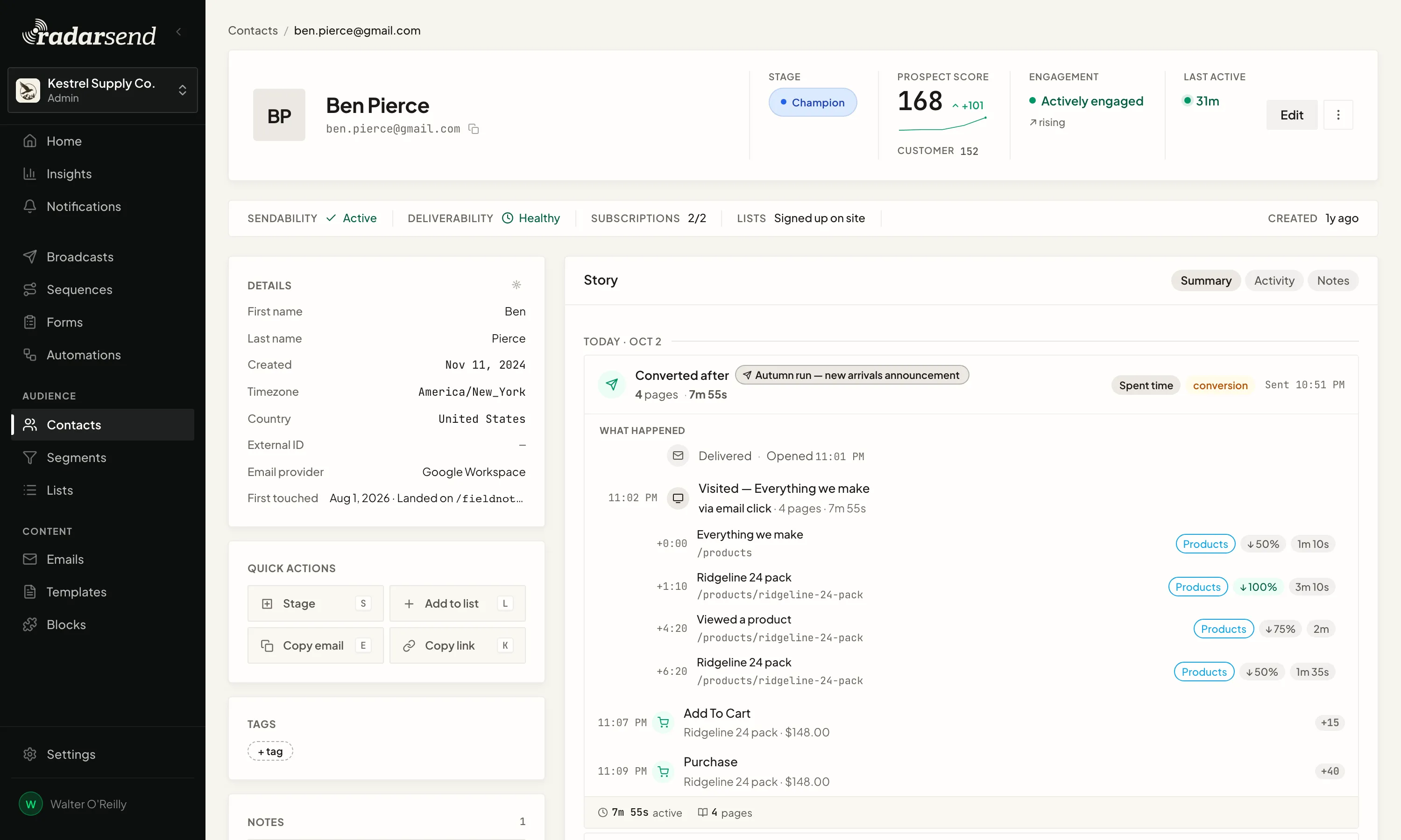 A contact's story feed: a visit from an email click broken into the pages viewed, how far they scrolled and the time spent on each, followed by an add to cart and a purchase.
