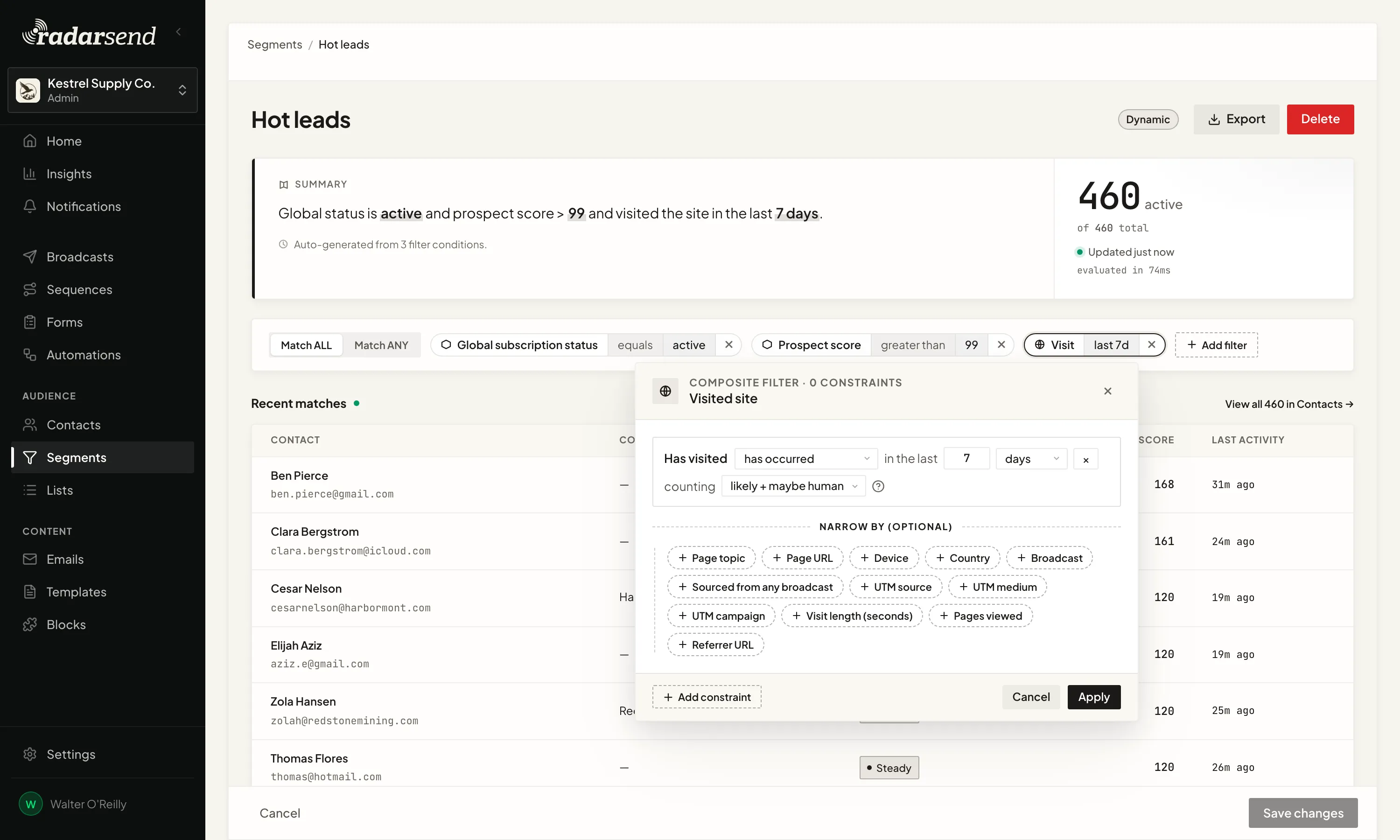 The Hot leads segment: a prospect score over 99 and a site visit in the last 7 days, with the live count beside the rules and the visit filter open to narrow it by page topic, page URL, device, country, broadcast, UTM values, visit length, pages viewed, and referrer.