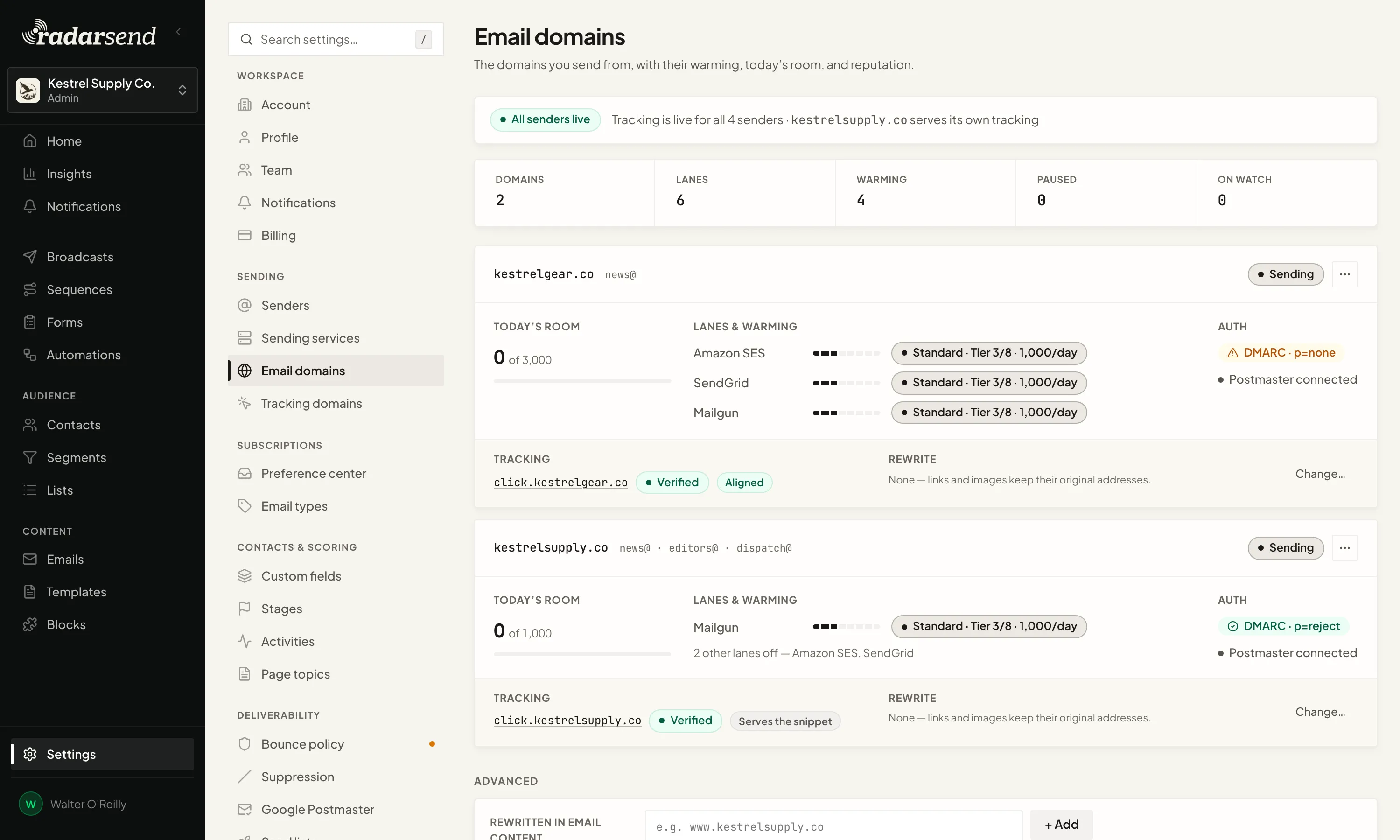 Email domains settings: two sending domains, kestrelgear.co and kestrelsupply.co, each with its own verified tracking address.