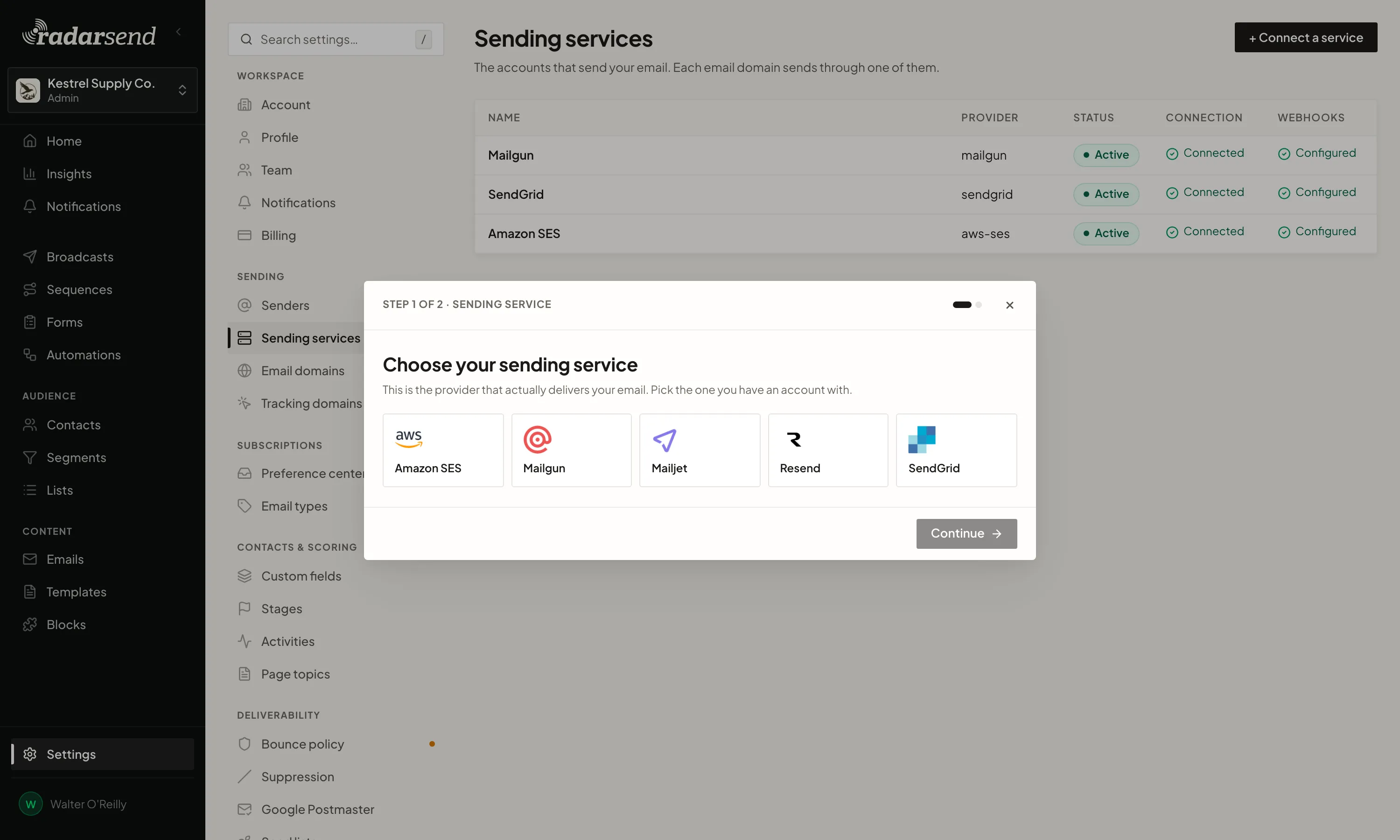 Sending services in settings, with the connect dialog open to choose a sending service: Amazon SES, Mailgun, Mailjet, Resend, or SendGrid. Behind it, Mailgun, SendGrid and Amazon SES are listed as active, connected, and configured.