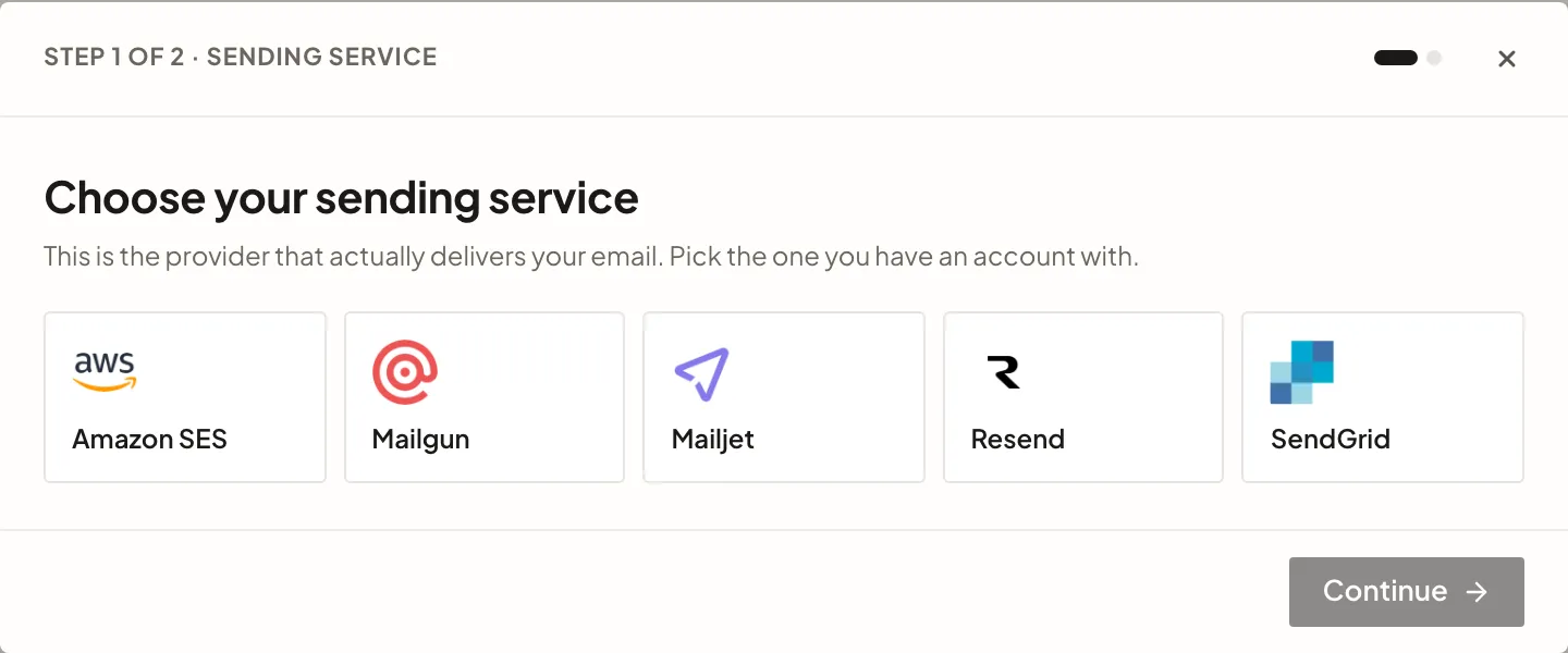 The Choose your sending service step: Amazon SES, Mailgun, Mailjet, Resend and SendGrid as options to pick from, with a Continue button.