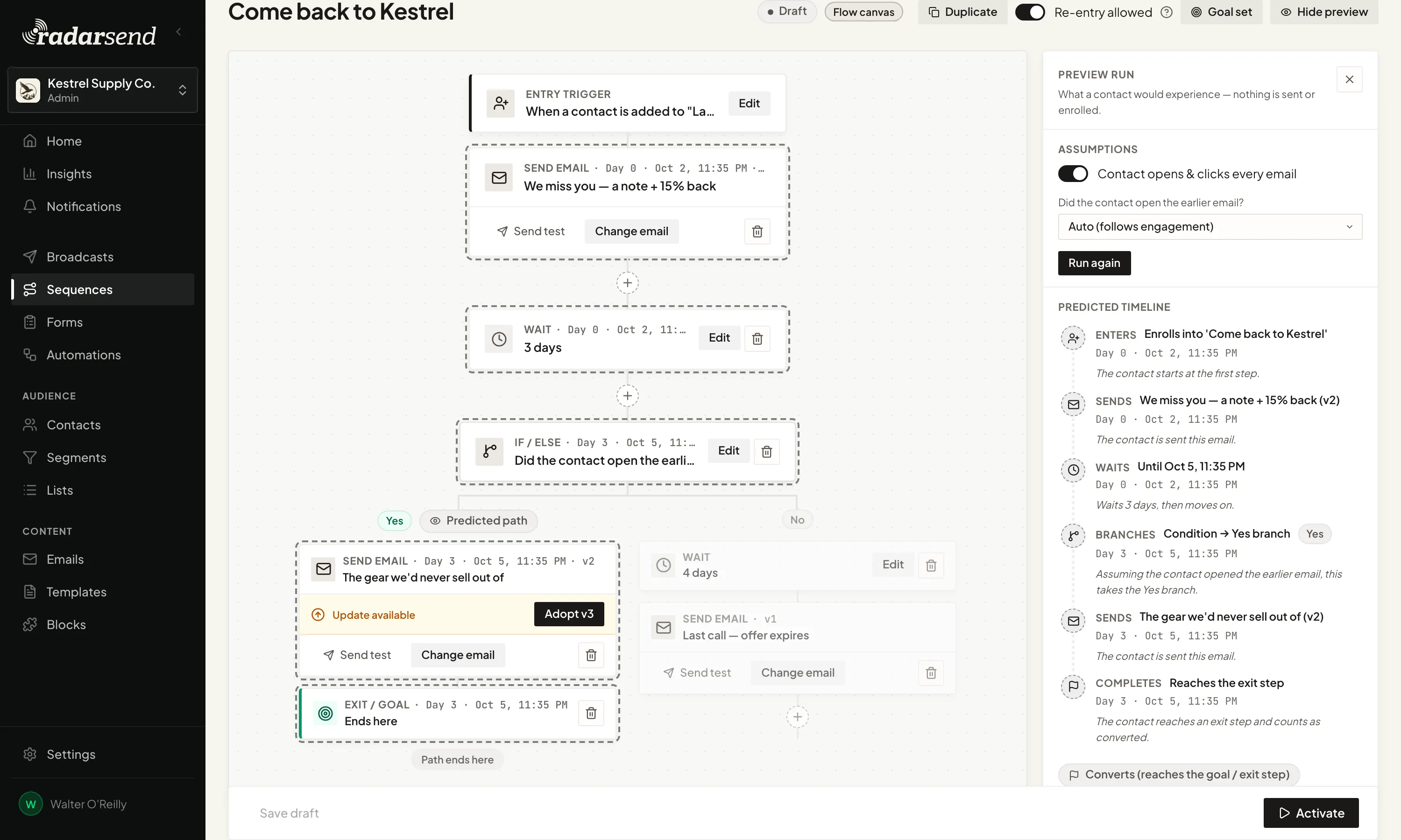 A sequence in preview: the canvas with the predicted route highlighted down the Yes path, beside a preview run panel with its assumptions and a predicted timeline of when the contact enters, gets each email, waits, branches, and completes.