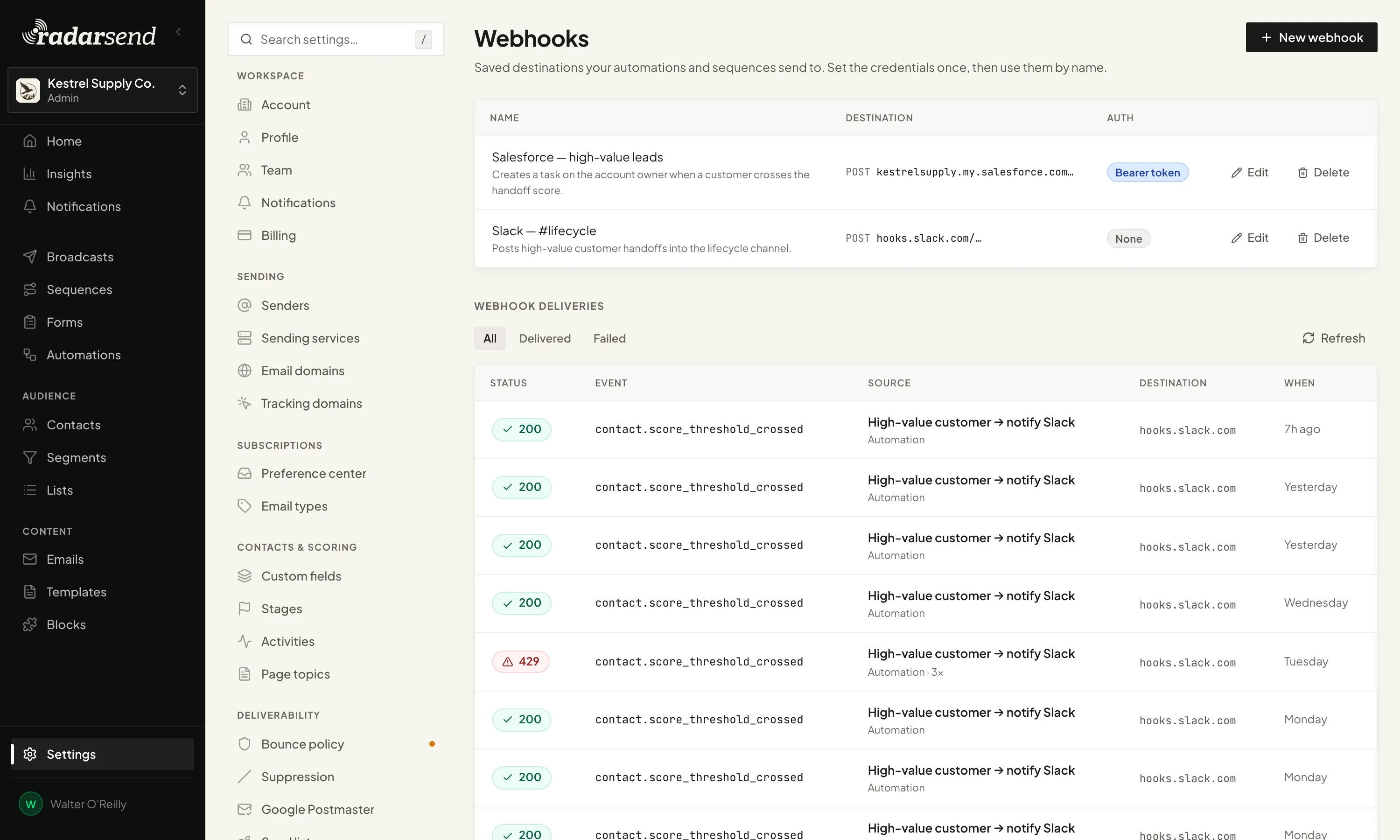 Webhook settings: saved destinations that automations and sequences post to, one creating a Salesforce task for high-value leads with a bearer token and one posting to a Slack channel, above a delivery log showing each delivery's status, event, source, destination, and when it was sent.