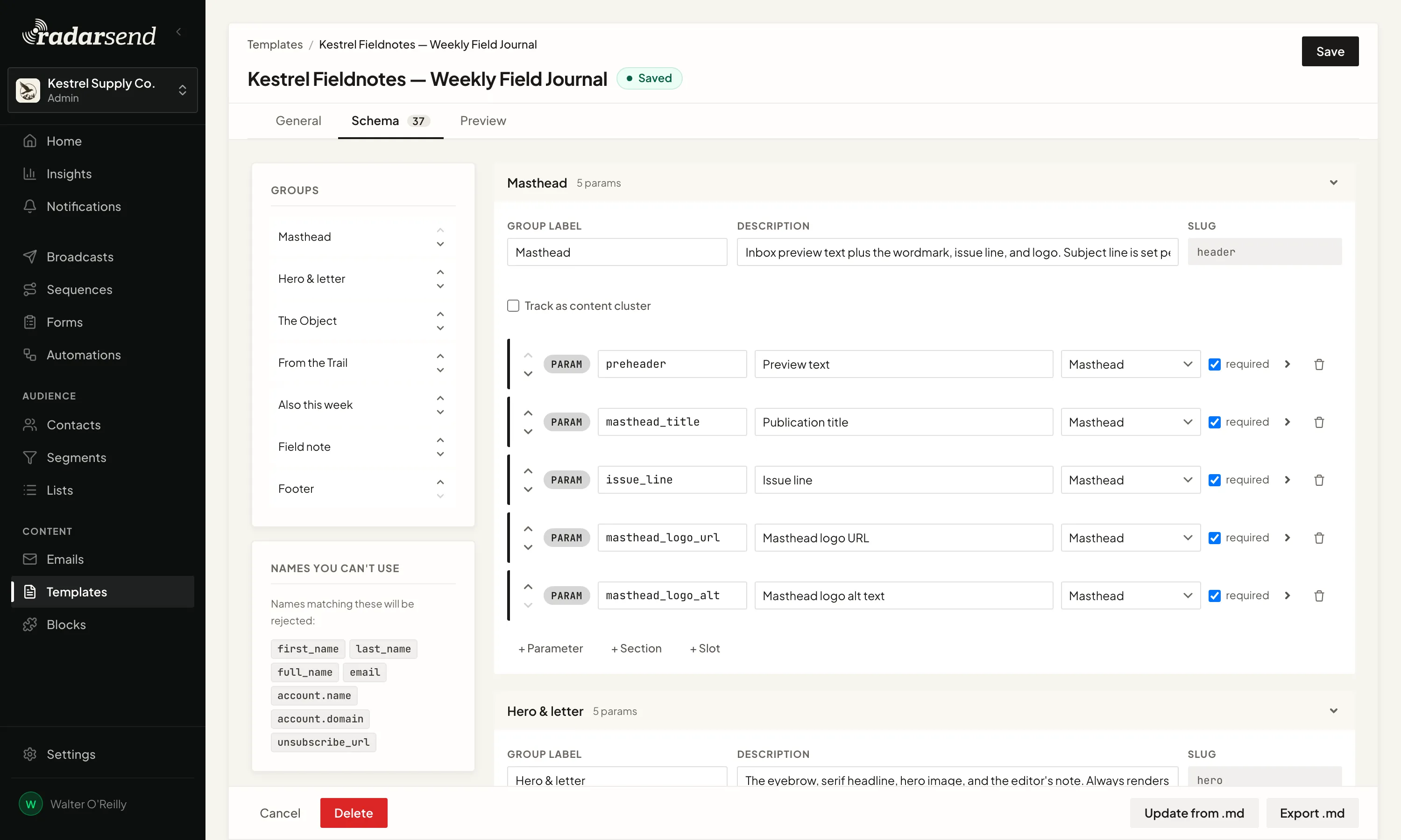 The Schema tab of the Kestrel Fieldnotes template: its groups listed on the left, and the Masthead group's parameters on the right, each with a name, a label, and whether it's required, with controls to add a parameter, a section, or a slot.